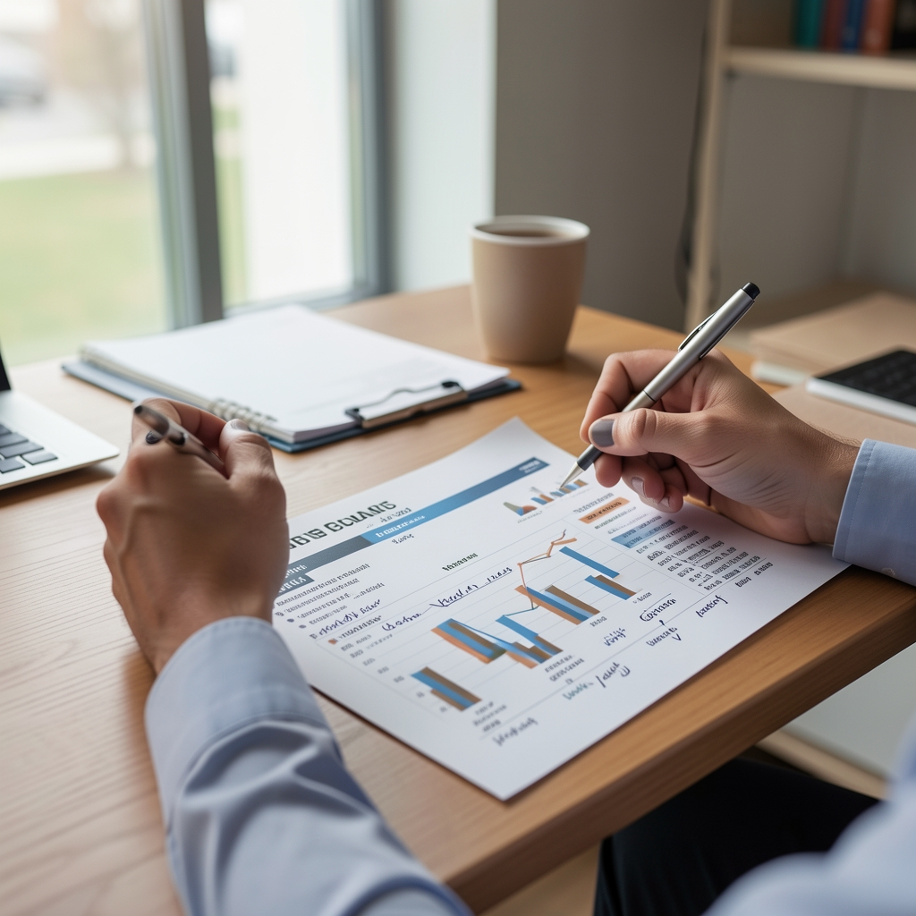 Persona analizando un balance financiero impreso con gráficos y anotaciones a mano sobre un escritorio