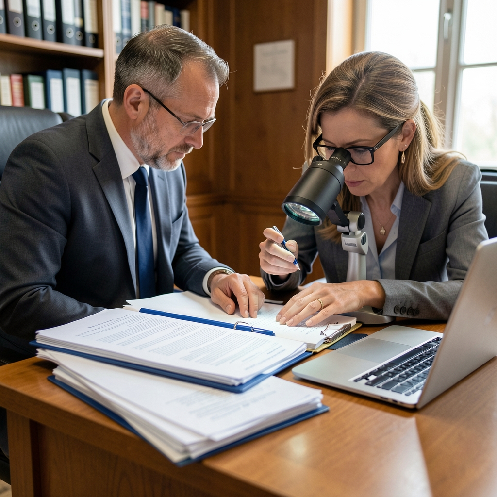Auditor revisando carpetas de documentación contable con una lupa y una laptop sobre la mesa