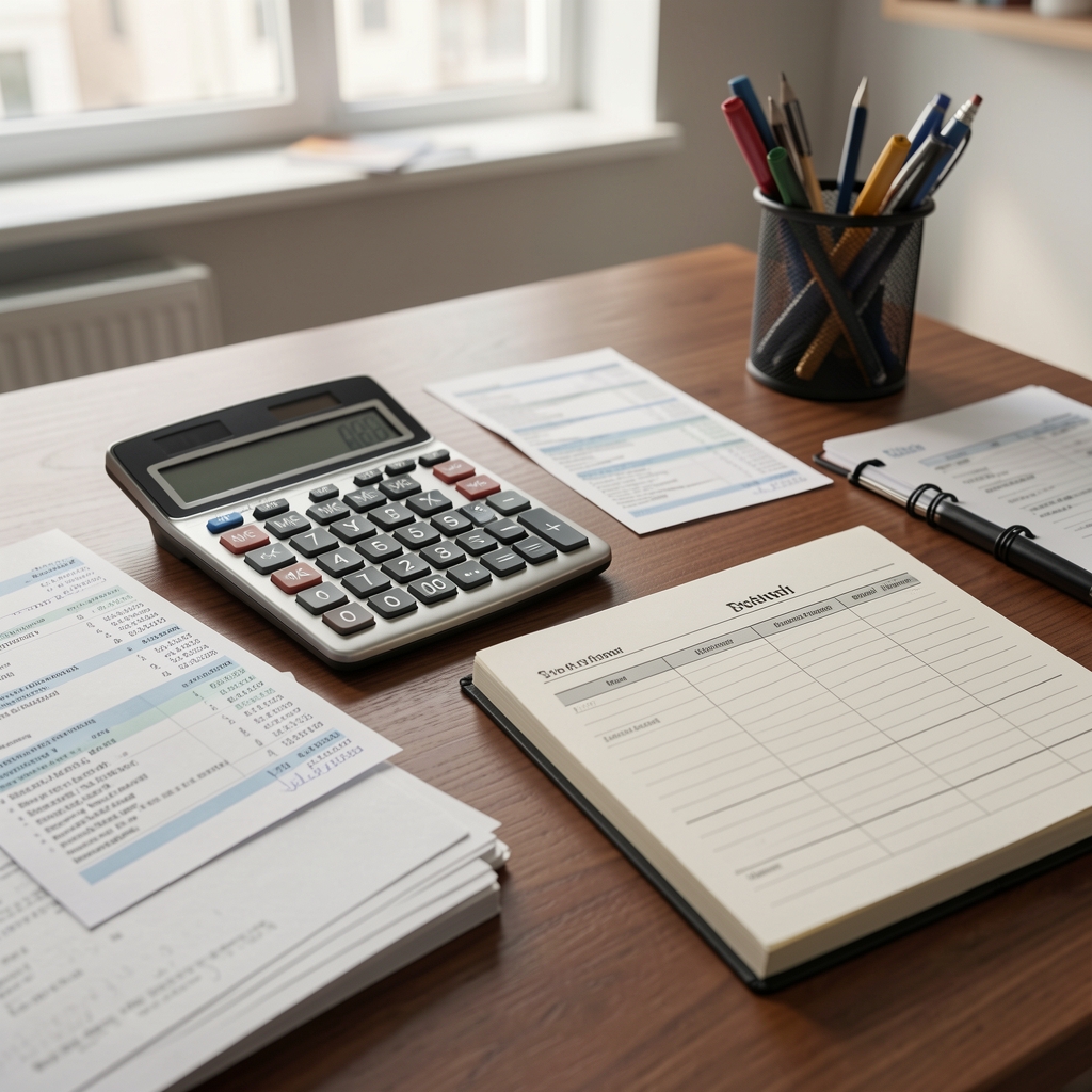 Escritorio de oficina con calculadora, extractos bancarios impresos y una libreta de anotaciones contables