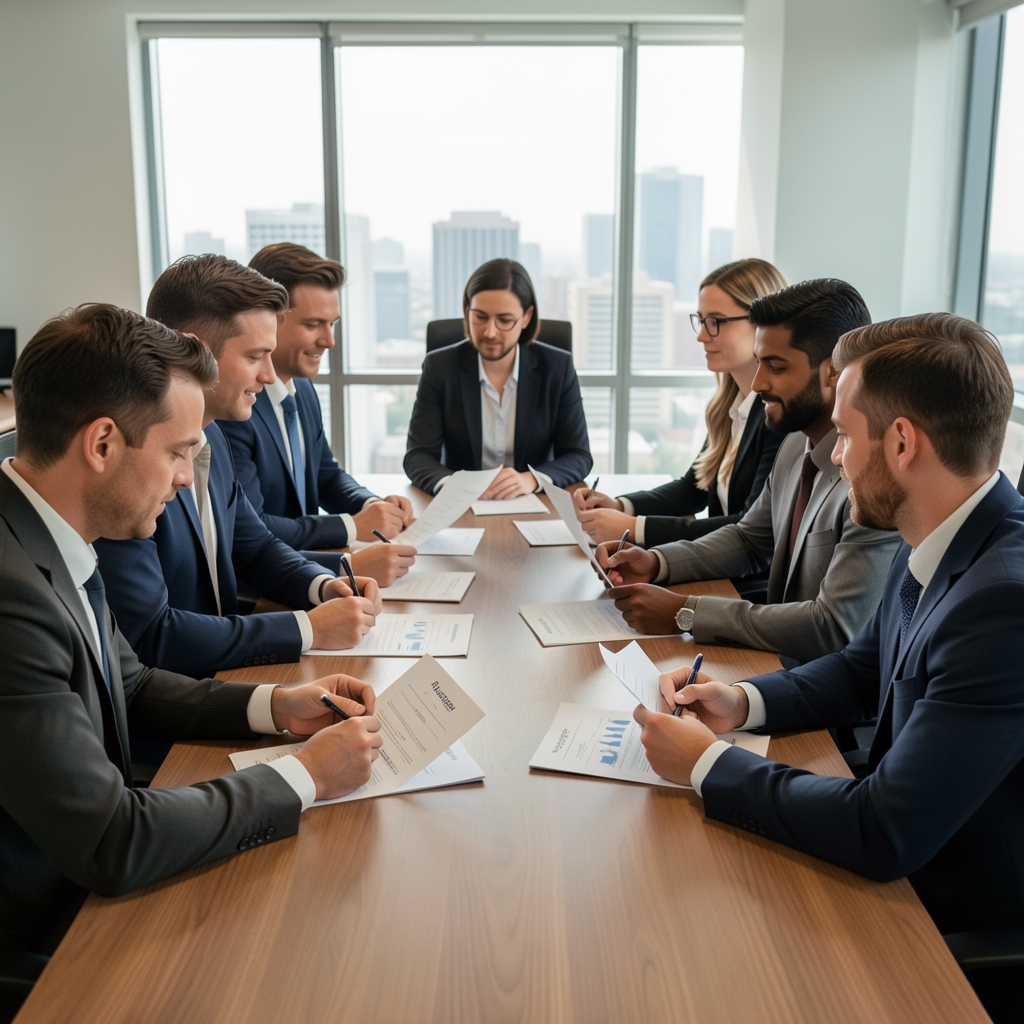 Grupo de profesionales reunidos alrededor de una mesa revisando informes financieros impresos en una sala de reuniones
