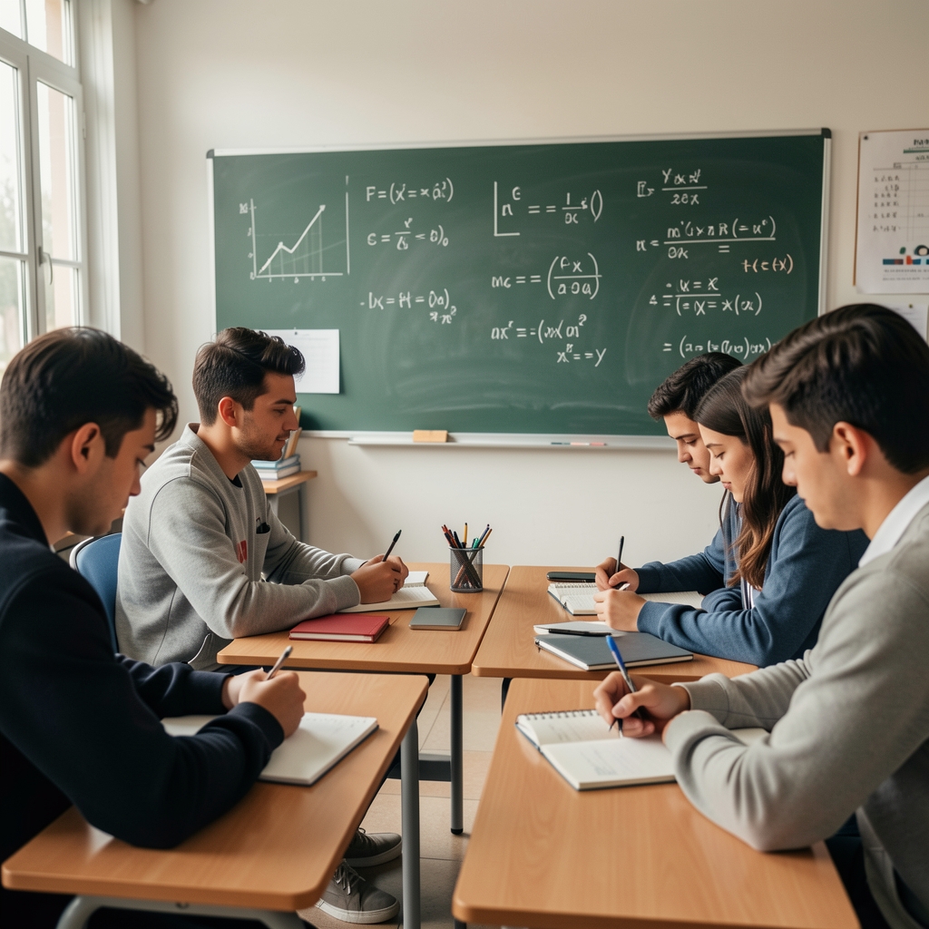 Estudiantes universitarios en una clase de contabilidad tomando apuntes frente a un pizarrón con fórmulas financieras