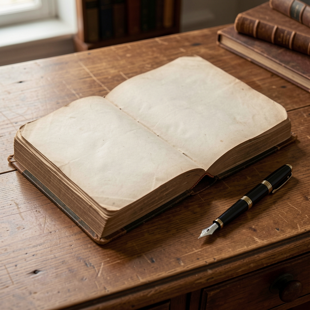 Libro contable antiguo de tapa dura abierto sobre un escritorio de madera junto a una pluma estilográfica