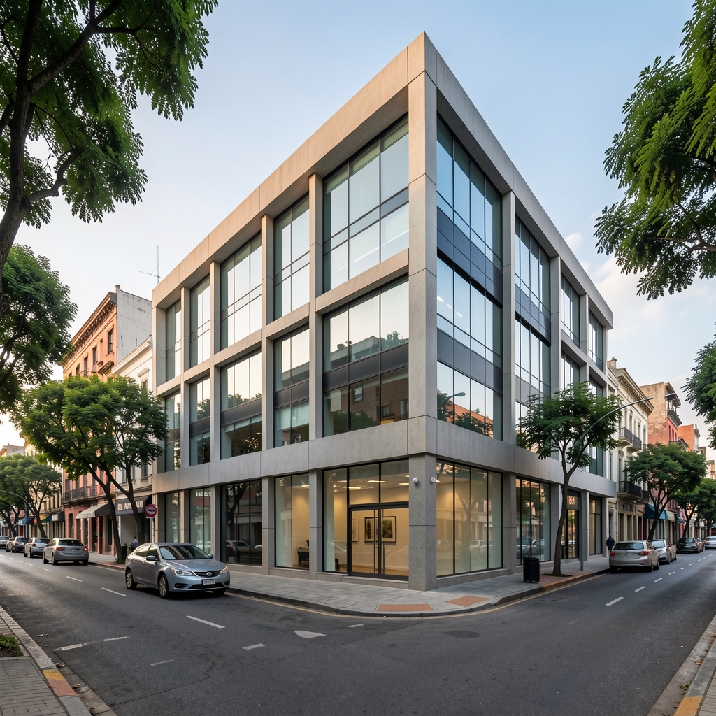 Fachada de un edificio de oficinas moderno en una calle céntrica de Rosario, Santa Fe