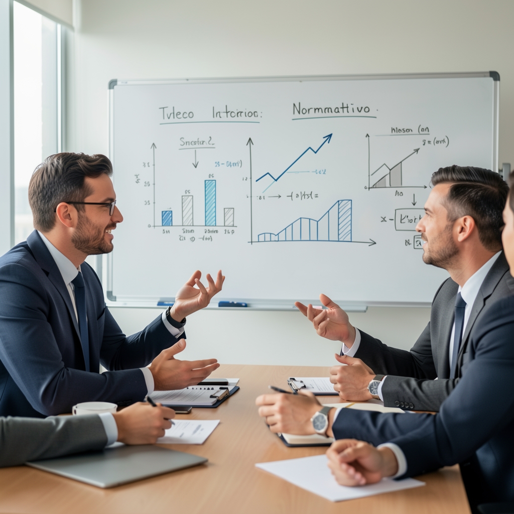 Profesionales contables debatiendo criterios normativos frente a una pizarra con gráficos y esquemas financieros